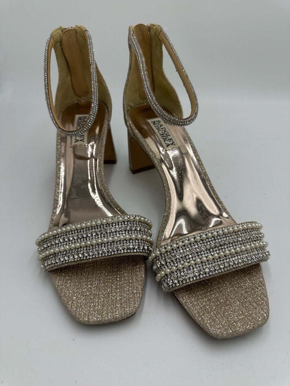 Badgley Mischka Becca Glitter Block Heel Sandals with Pearl and Rhinestone